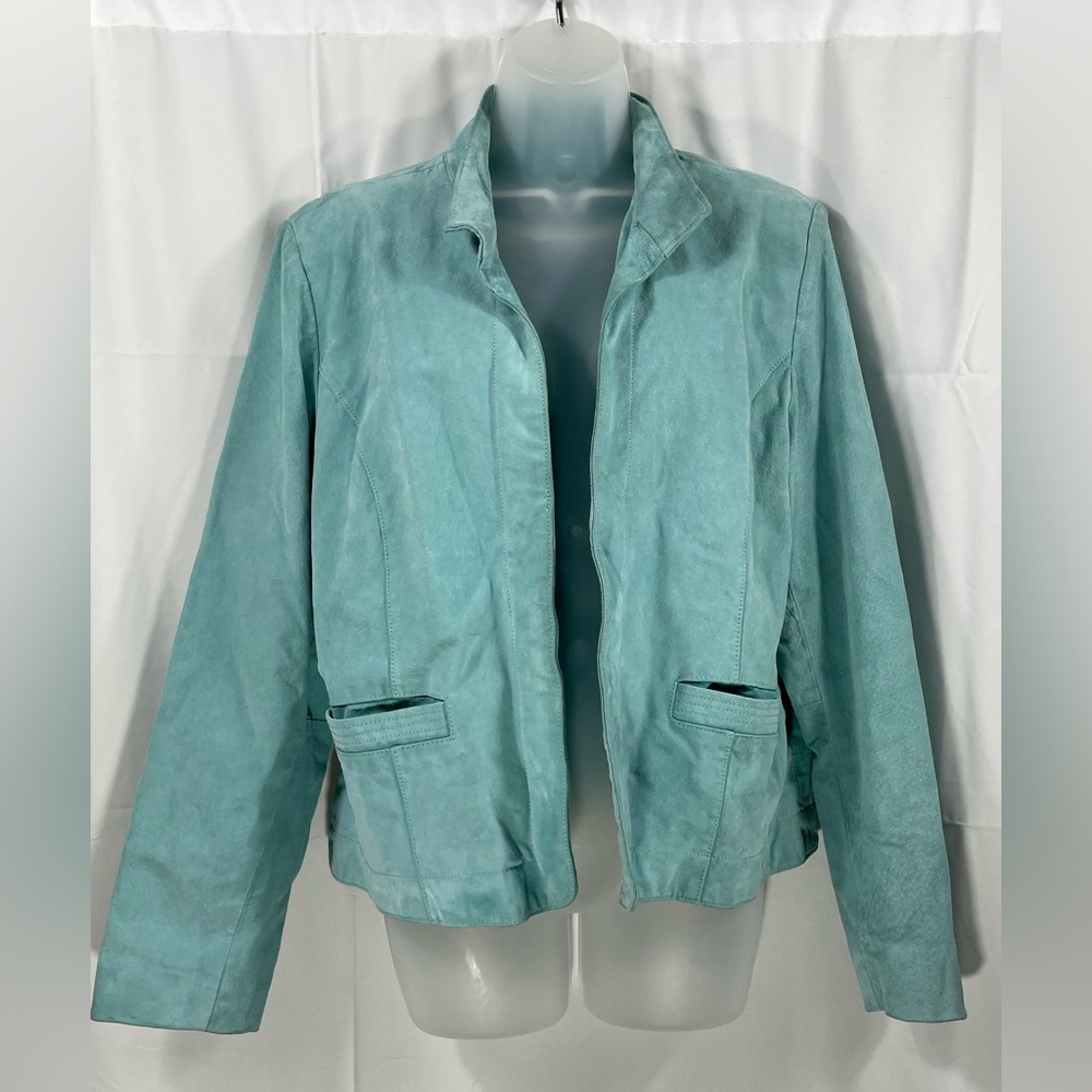 Coldwater Creek Aqua Suede Vintage Open Front Blazer Jacket.